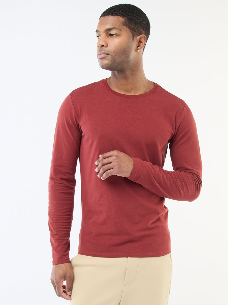 T-shirt uni à manches longues et col rond Rouge - Kiabi