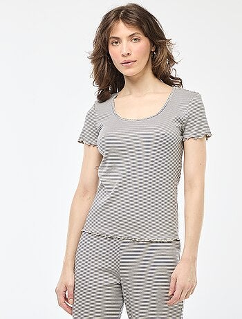 T-shirt uni en maille côtelé manches courtes