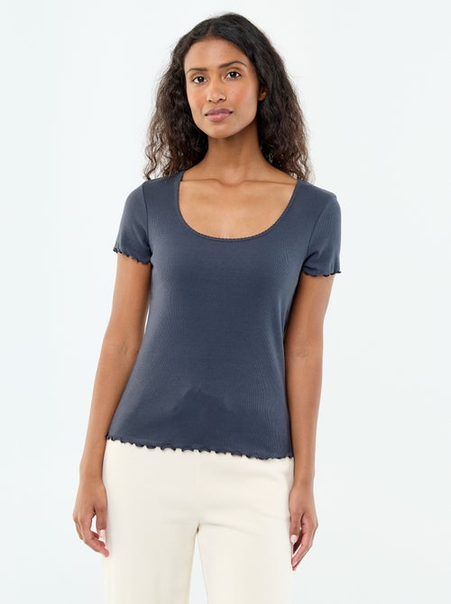 T-shirt uni en maille côtelé manches courtes - Kiabi