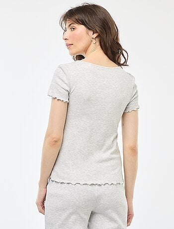 T-shirt uni en maille côtelé manches courtes