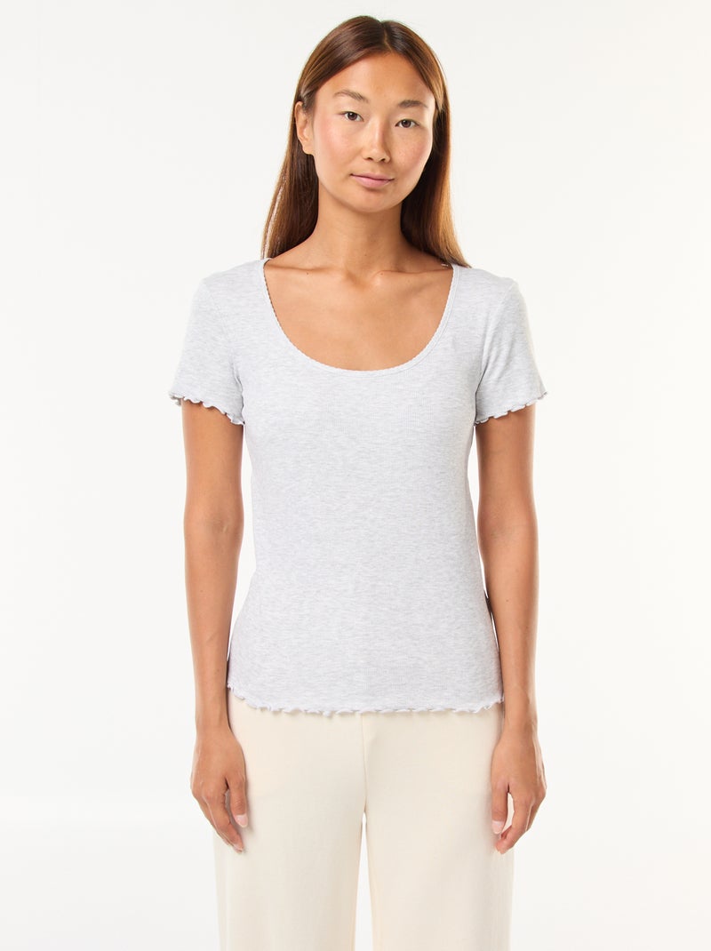 T-shirt uni en maille côtelé manches courtes Gris - Kiabi