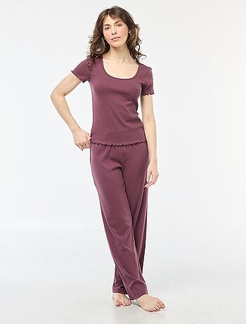 T-shirt uni en maille côtelé manches courtes