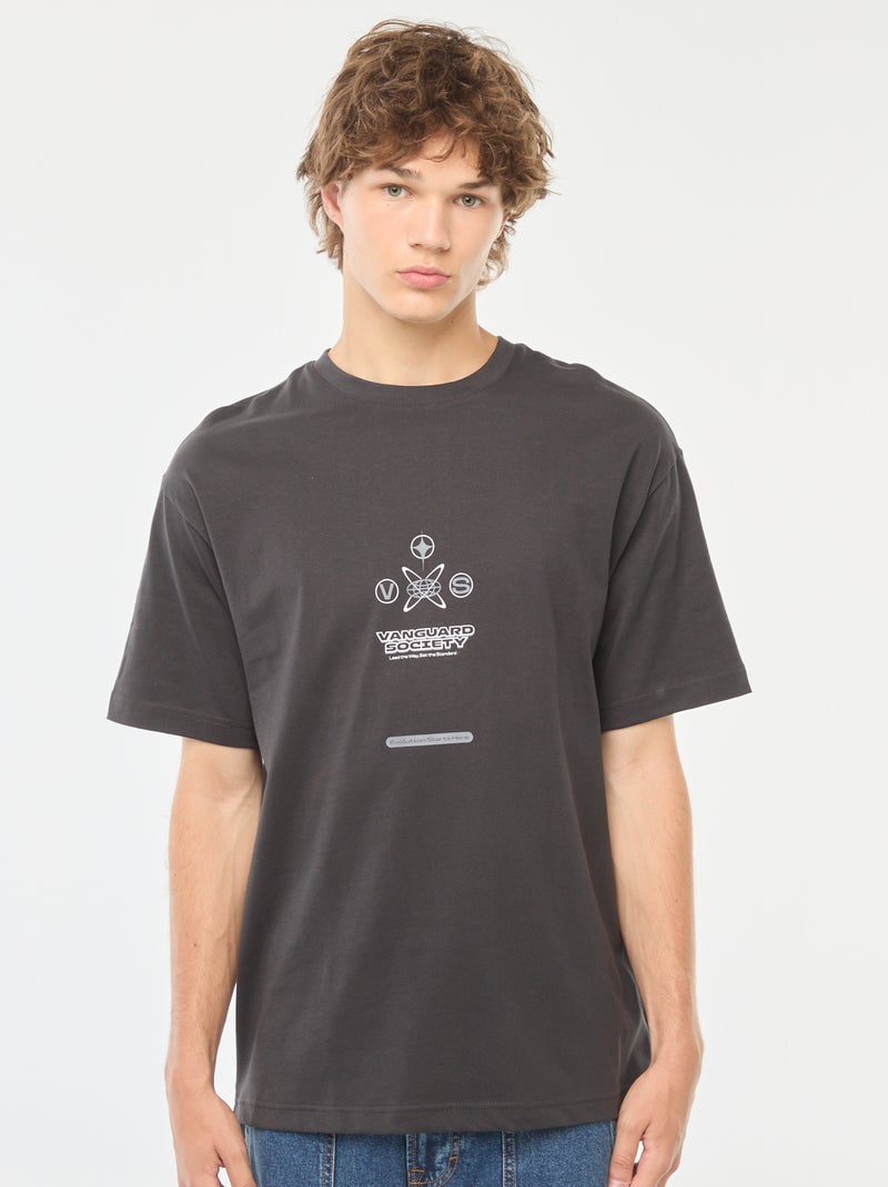 T-shirt uni imprimé recto/verso à manches longues Gris - Kiabi