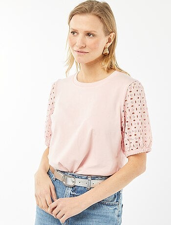 T-shirt uni manches courtes avec borderies anglaises