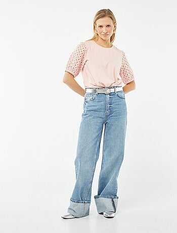 T-shirt uni manches courtes avec borderies anglaises