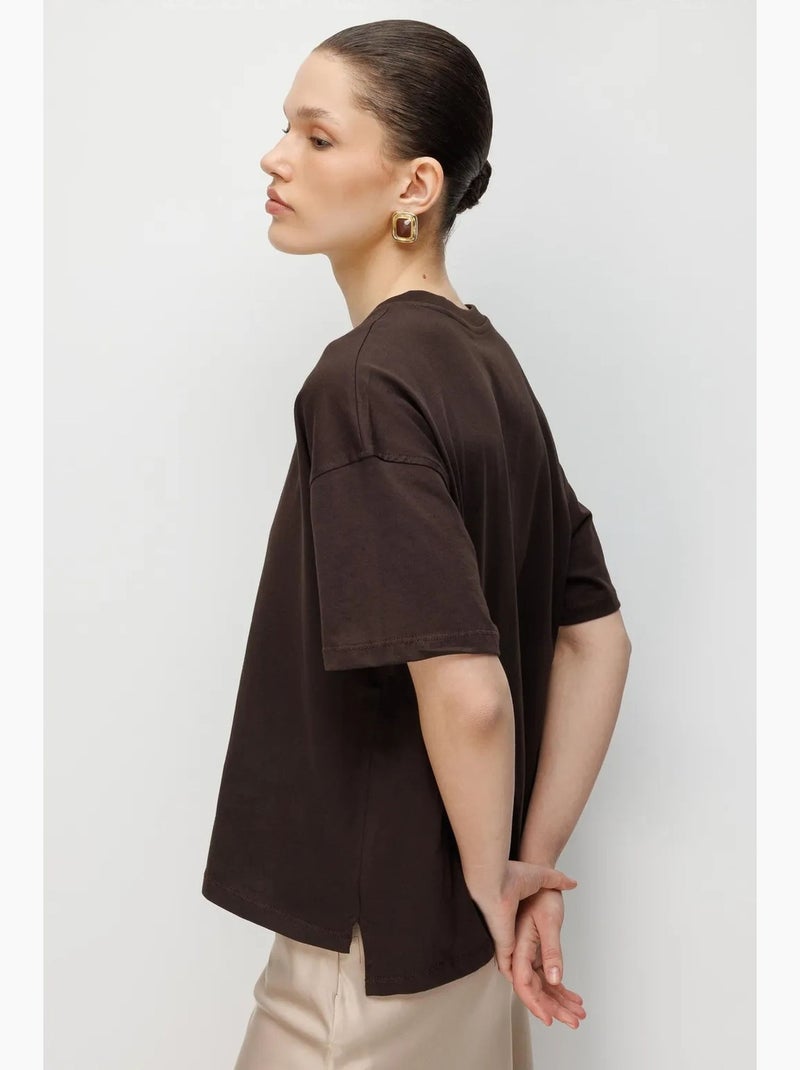 T-shirt uni oversize à col rond et fente mixray Marron chocolat - Kiabi