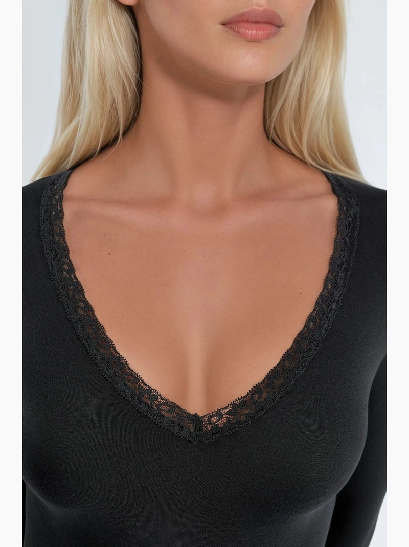 T-shirt v-hals lange mouwen kantdetail busem Zwart - Kiabi