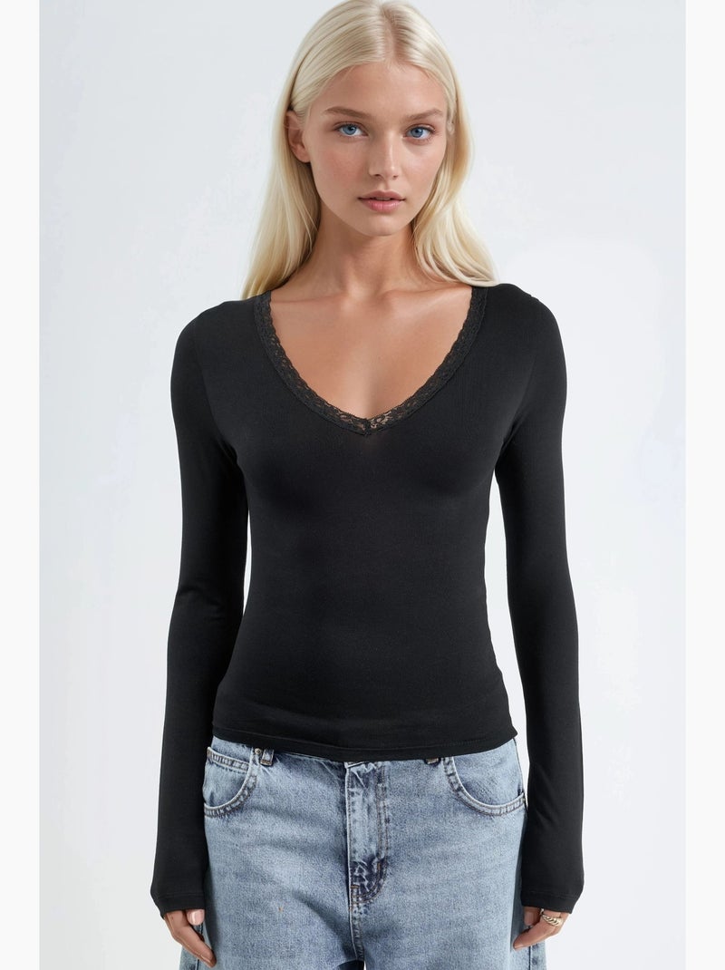 T-shirt v-hals lange mouwen kantdetail busem Zwart - Kiabi
