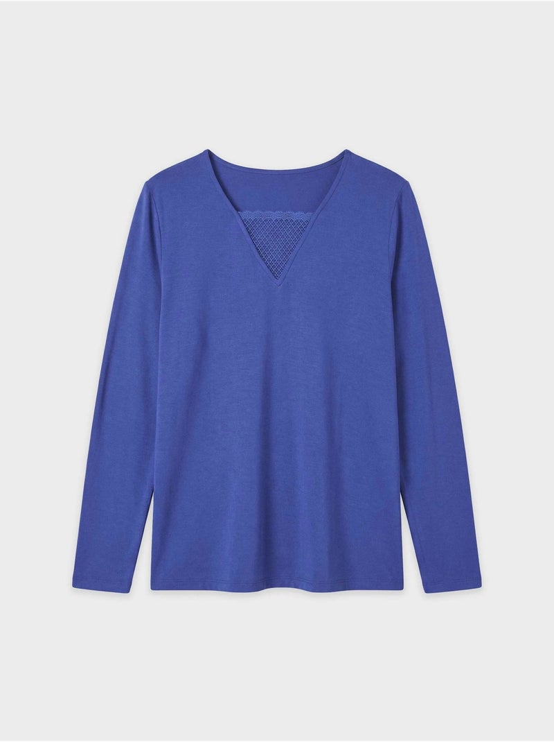 T-shirt v-hals met kant Blauw - Kiabi