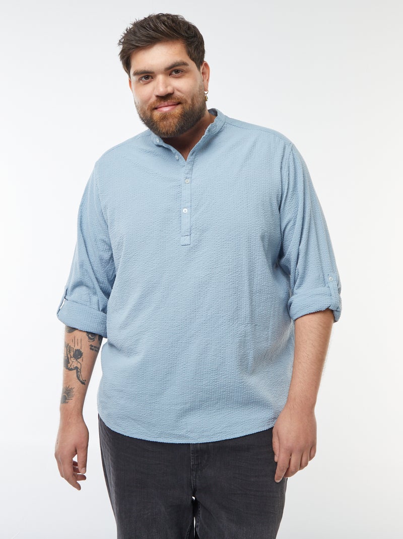 T-shirt van crêpe-achtige stof met tuniekhals Blauw - Kiabi