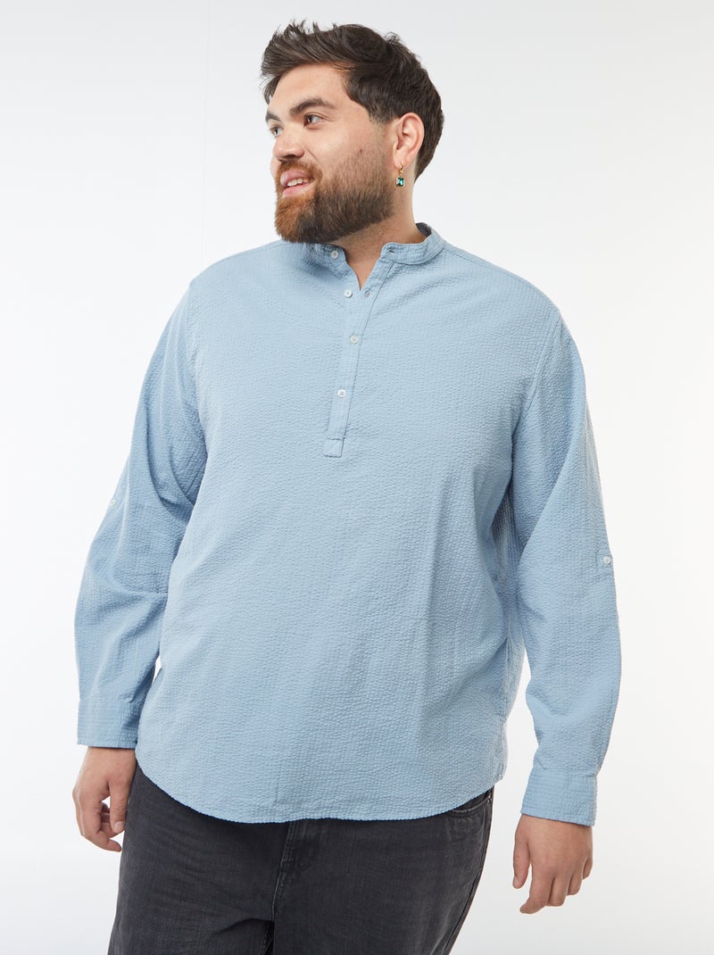 T-shirt van crêpe-achtige stof met tuniekhals Blauw - Kiabi