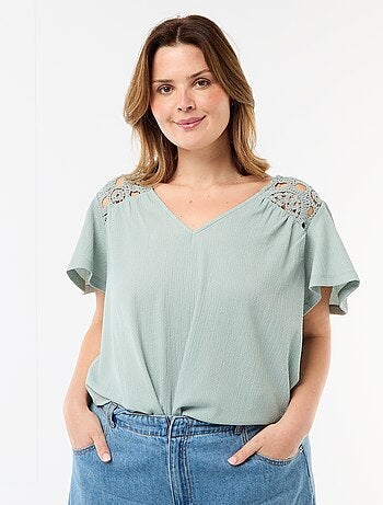 T-shirt van crêpe jerseytricot met macramé