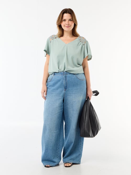 T-shirt van crêpe jerseytricot met macramé - Kiabi