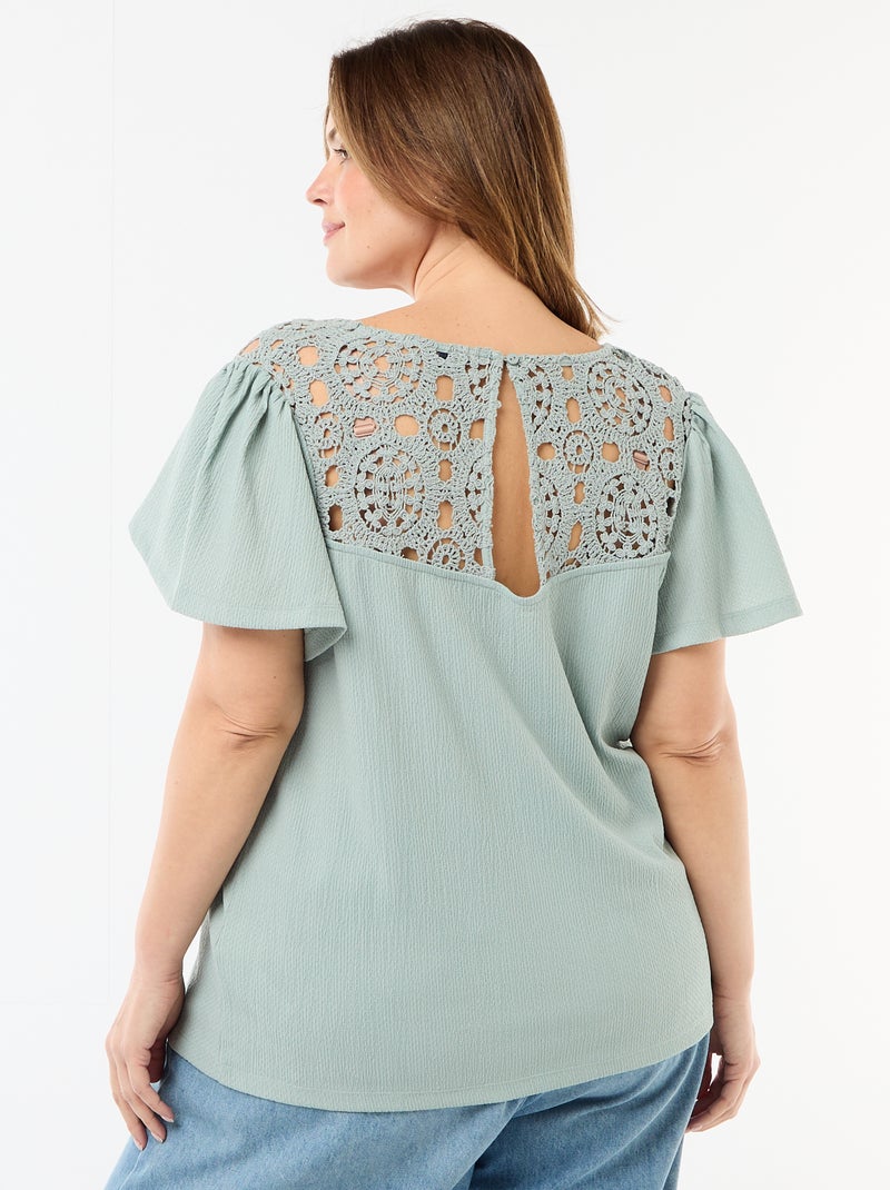 T-shirt van crêpe jerseytricot met macramé Blauw - Kiabi