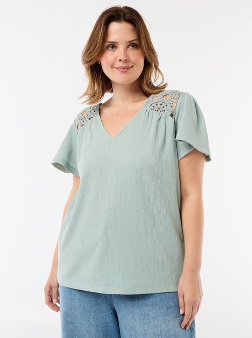 T-shirt van crêpe jerseytricot met macramé - Kiabi