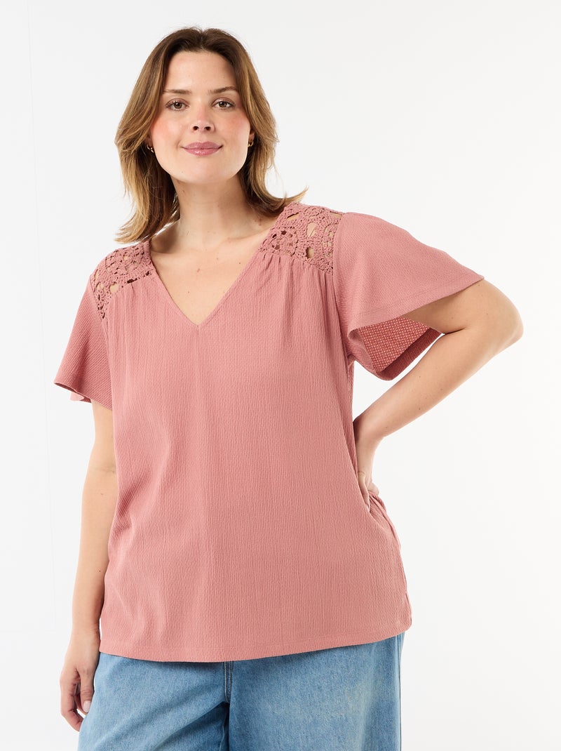 T-shirt van crêpe jerseytricot met macramé Rose - Kiabi