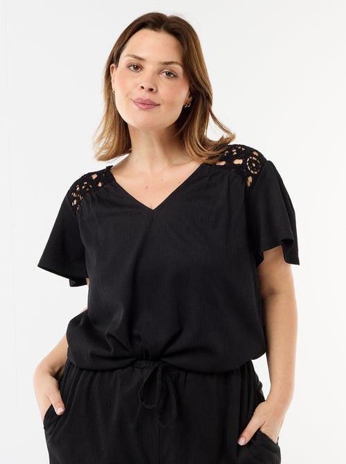 T-shirt van crêpe jerseytricot met macramé - Kiabi