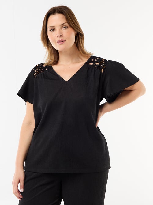 T-shirt van crêpe jerseytricot met macramé - Kiabi