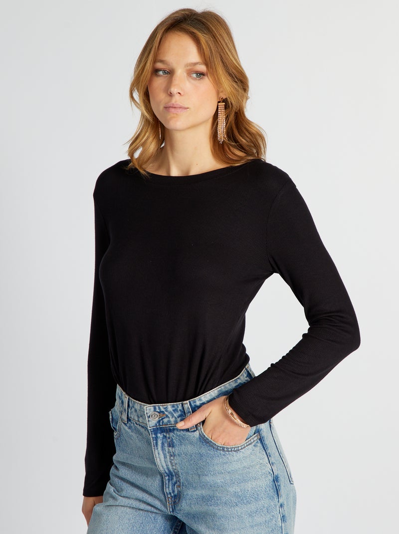 T-shirt van elastische ribstof zwart - Kiabi