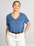 T-shirt van gemengd linnen met V-hals BLAUW - Kiabi