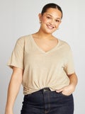 T-shirt van gemengd linnen met V-hals WIT - Kiabi