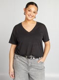 T-shirt van gemengd linnen met V-hals zwart - Kiabi