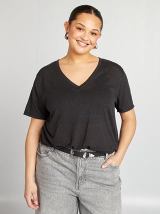 T-shirt van gemengd linnen met V-hals