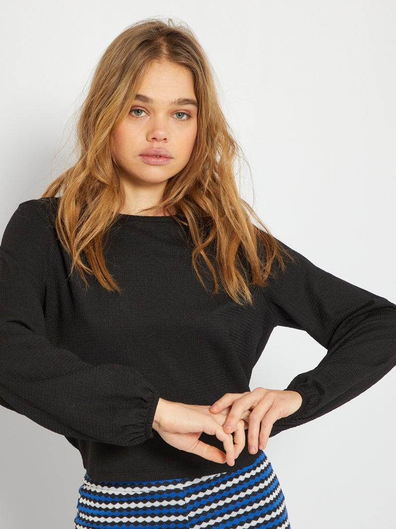 T-shirt van gewafeld tricot zwart - Kiabi
