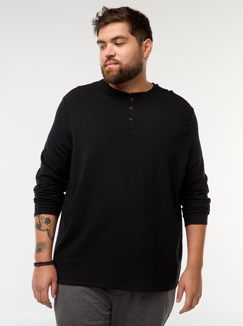 T-shirt van jersey met lange mouw en henleykraag zwart - Kiabi