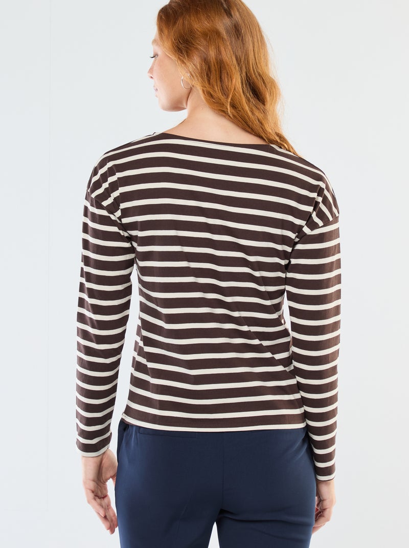 T-shirt van jersey met lange mouwen en gestreept motief Bruin - Kiabi