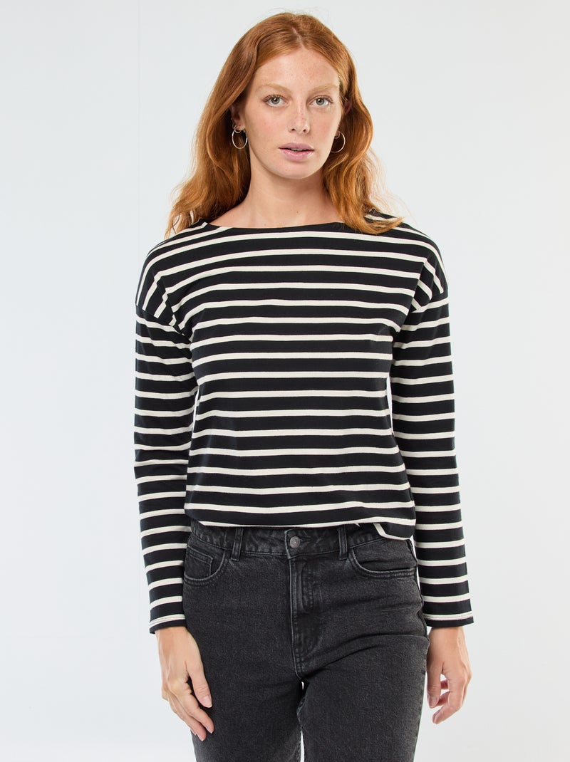T-shirt van jersey met lange mouwen en gestreept motief Zwart - Kiabi