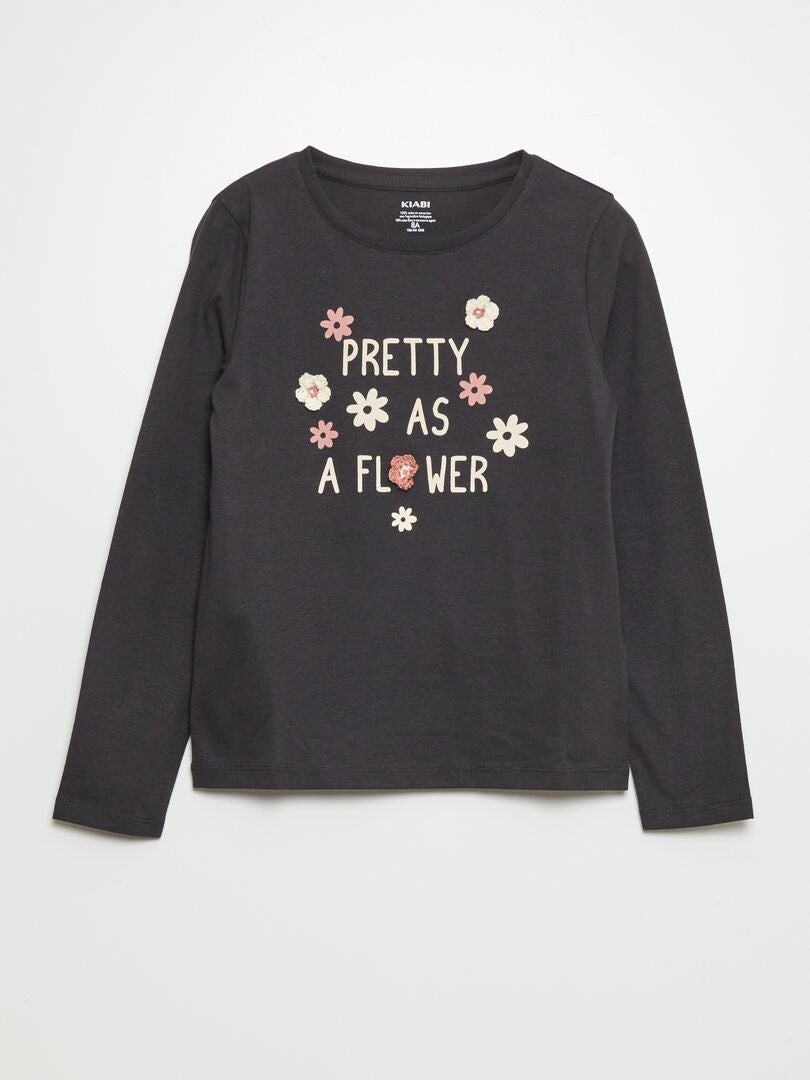 T-shirt van jersey met tekstopdruk 'Pretty as a flower' ZWART - Kiabi