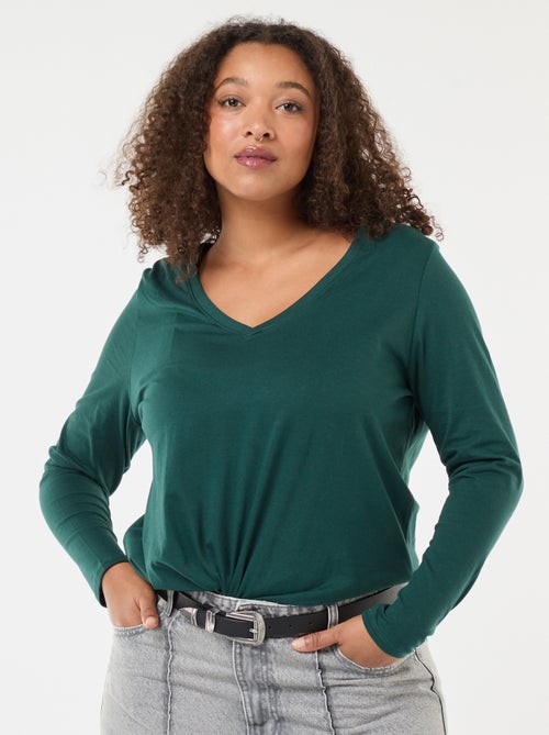 T-shirt van jersey met V-hals en korte mouw - Kiabi