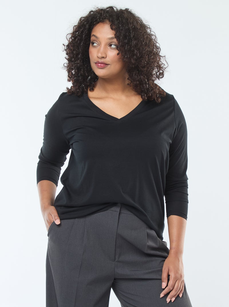T-shirt van jersey met V-hals en korte mouw zwart - Kiabi