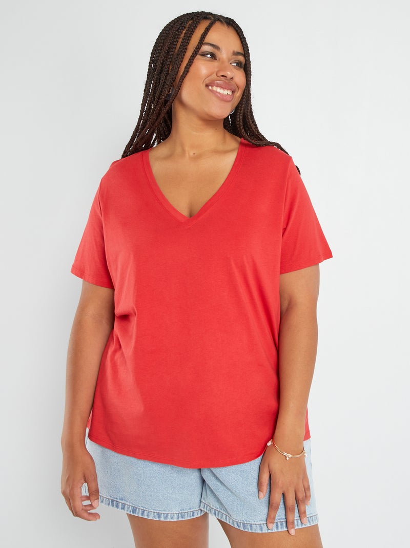 T-shirt van jersey met V-hals ROOD - Kiabi