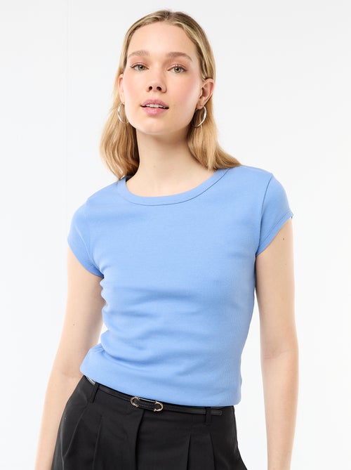 T-shirt van jerseytricot met korte geribde mouwen - Kiabi