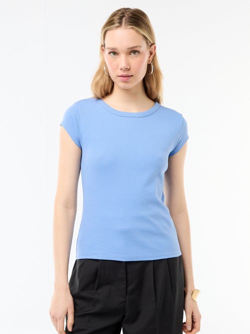 T-shirt van jerseytricot met korte geribde mouwen - Kiabi