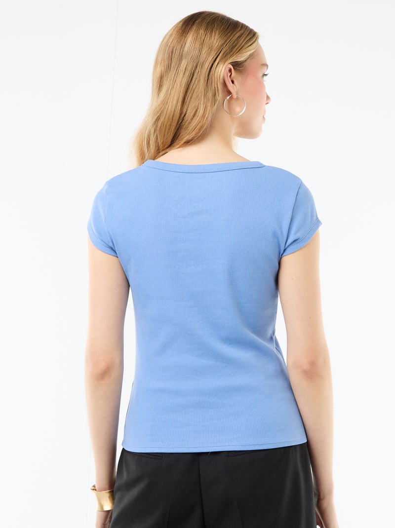 T-shirt van jerseytricot met korte geribde mouwen Blauw - Kiabi