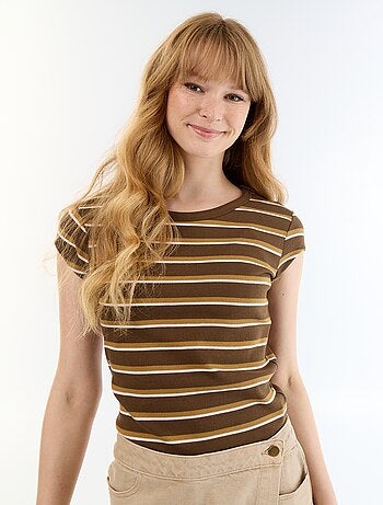 T-shirt van jerseytricot met korte geribde mouwen