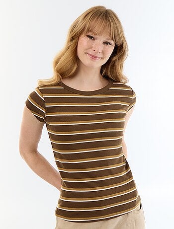 T-shirt van jerseytricot met korte geribde mouwen