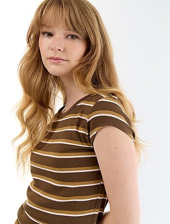 T-shirt van jerseytricot met korte geribde mouwen