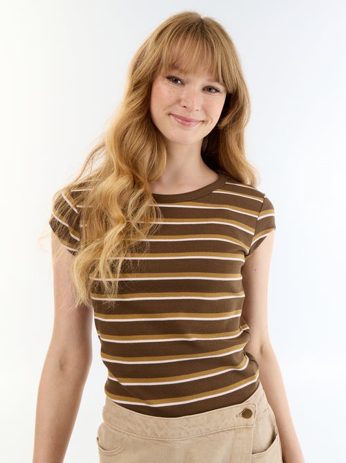 T-shirt van jerseytricot met korte geribde mouwen - Kiabi