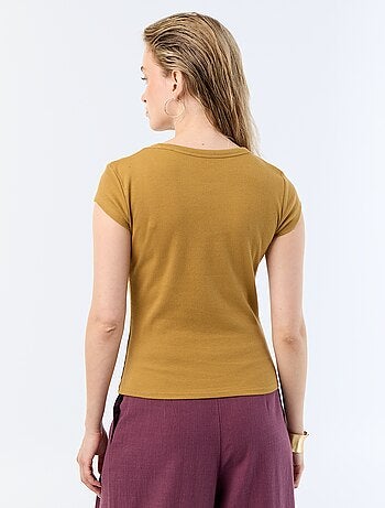 T-shirt van jerseytricot met korte geribde mouwen
