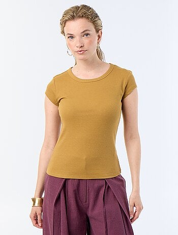 T-shirt van jerseytricot met korte geribde mouwen