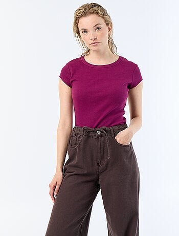 T-shirt van jerseytricot met korte geribde mouwen