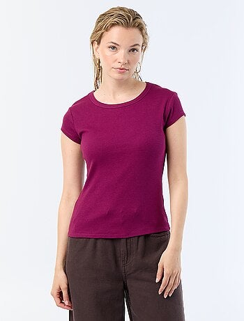 T-shirt van jerseytricot met korte geribde mouwen