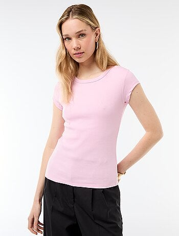 T-shirt van jerseytricot met korte geribde mouwen