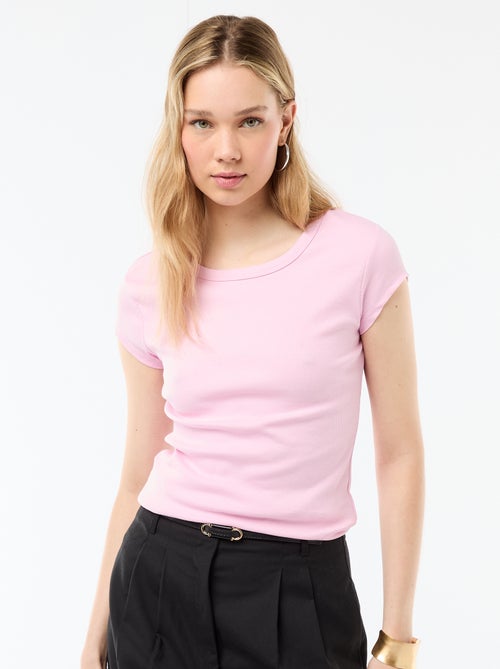 T-shirt van jerseytricot met korte geribde mouwen - Kiabi