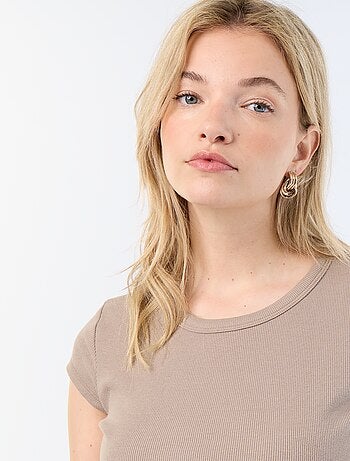 T-shirt van jerseytricot met korte geribde mouwen