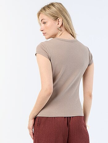 T-shirt van jerseytricot met korte geribde mouwen
